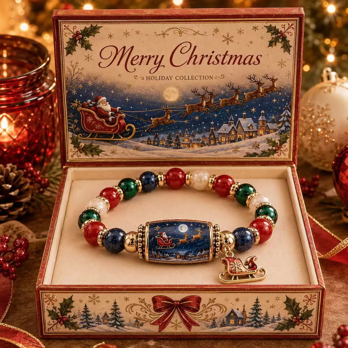 The Noel natural jade Christmas bracelet in a festive gift box with sleigh charm