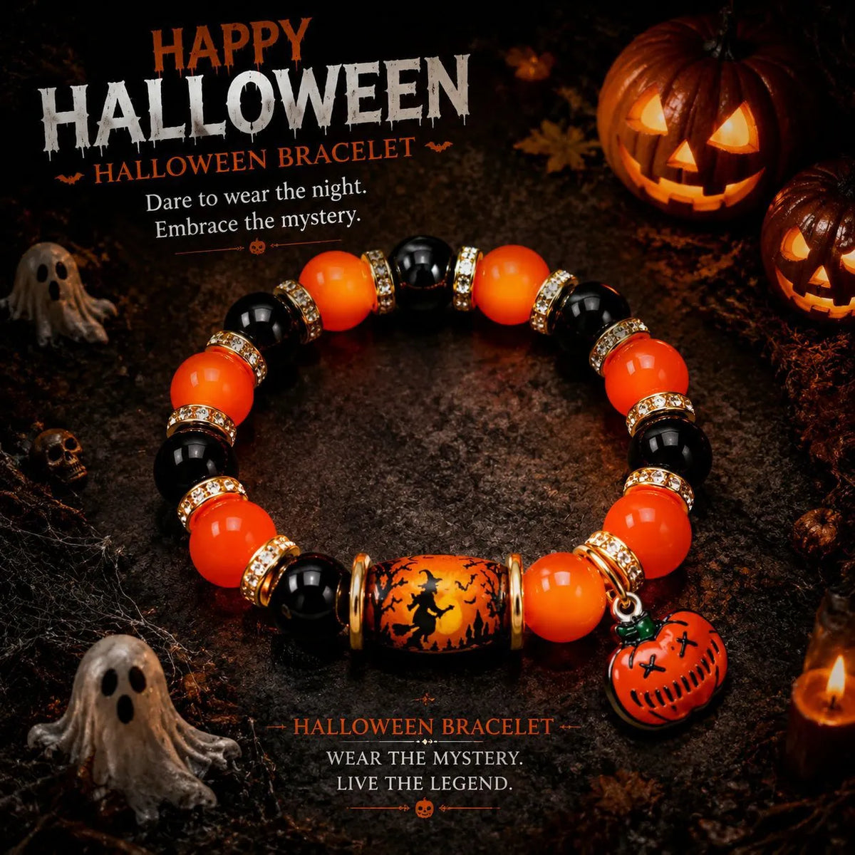Veloriar The Nightfall Halloween bracelet with black and orange Jade beads and pumpkin charm Main image